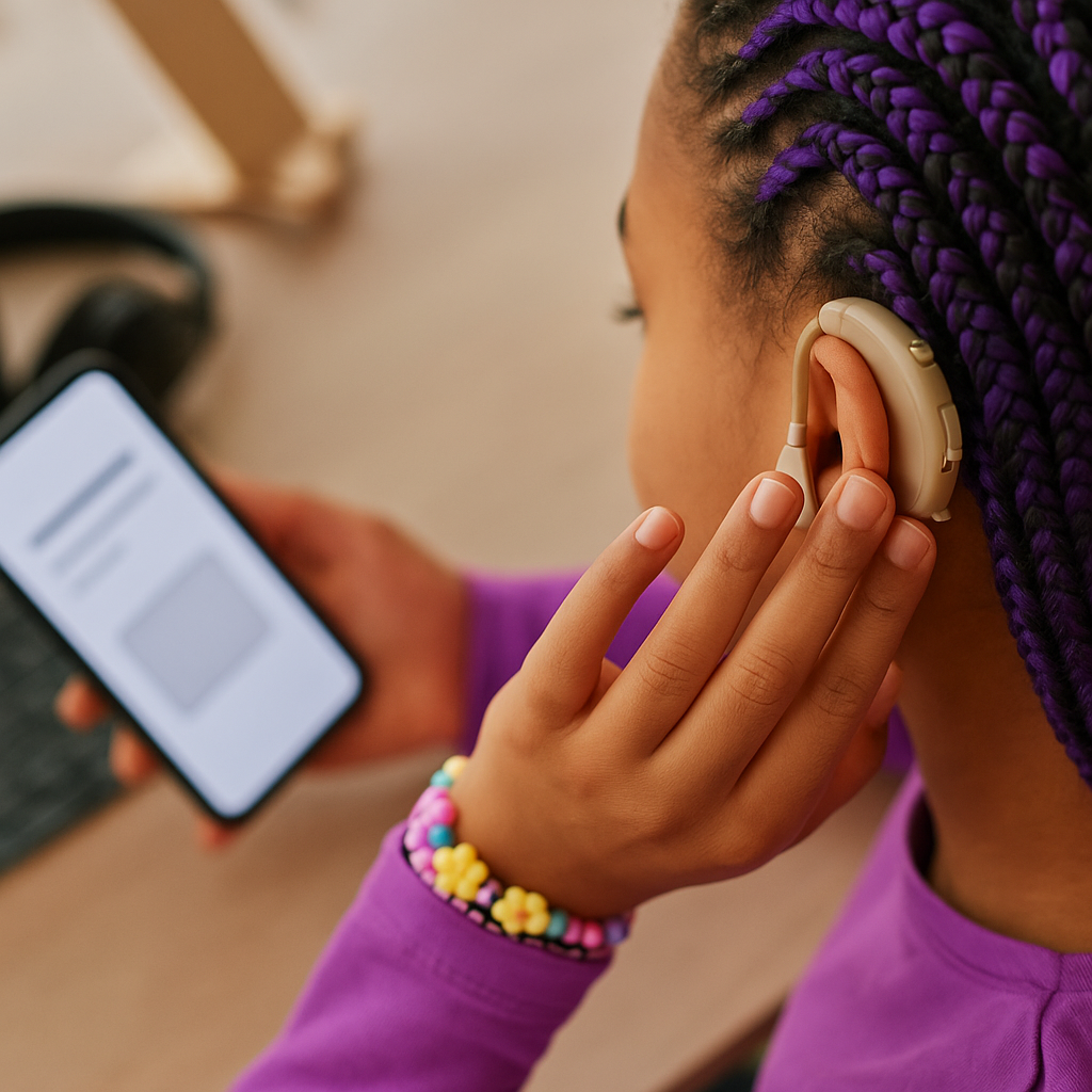 Close up of black teenage girl wearing hearing aid on ear and pressing button while using smartphone at home